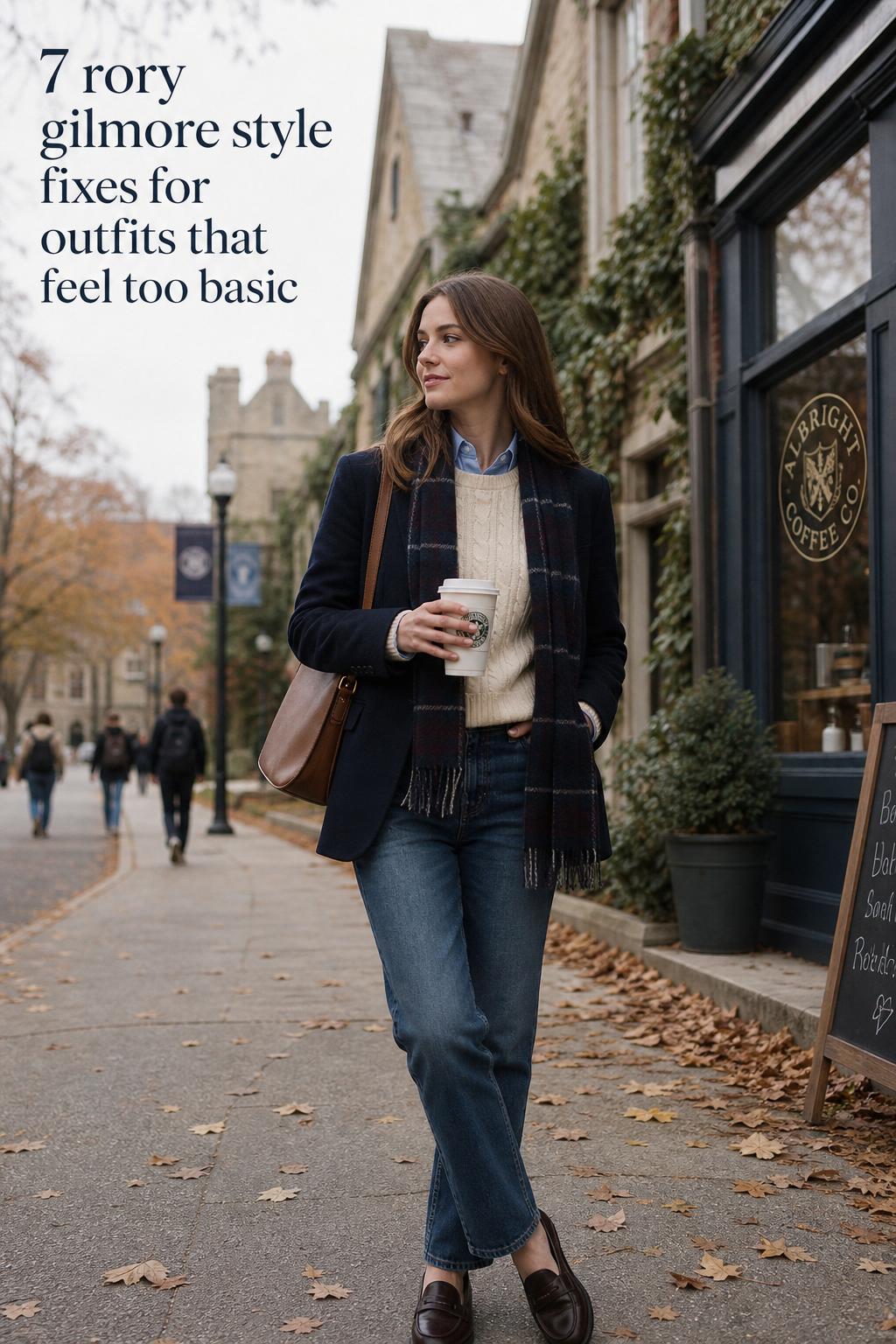 Rory gilmore style autumn outfit on a quiet New England street by an ivy campus and cozy coffee shop, editorial look