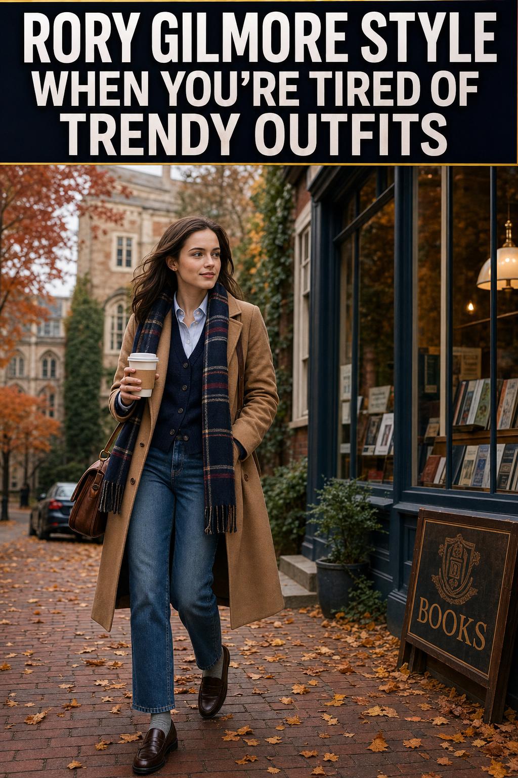 Rory Gilmore style outfit with plaid skirt, cozy sweater, and loafers on a college campus walkway
