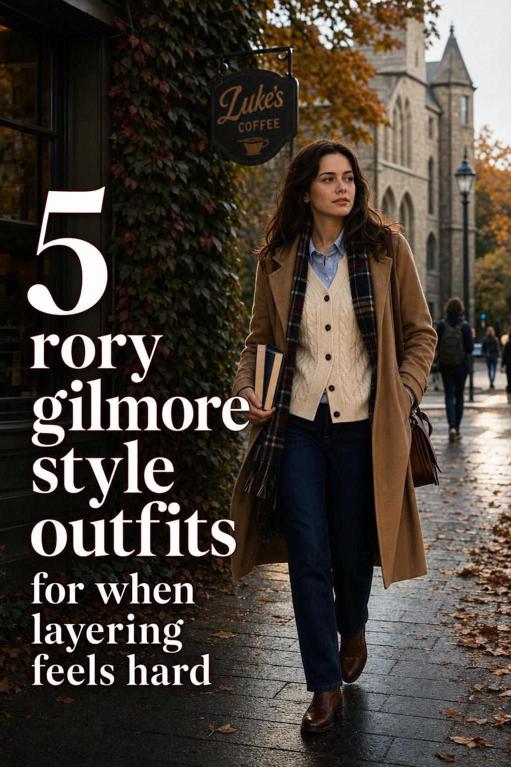Rory gilmore style fall outfit on a New England campus street, with cardigan, camel coat, books, and satchel near coffee shop