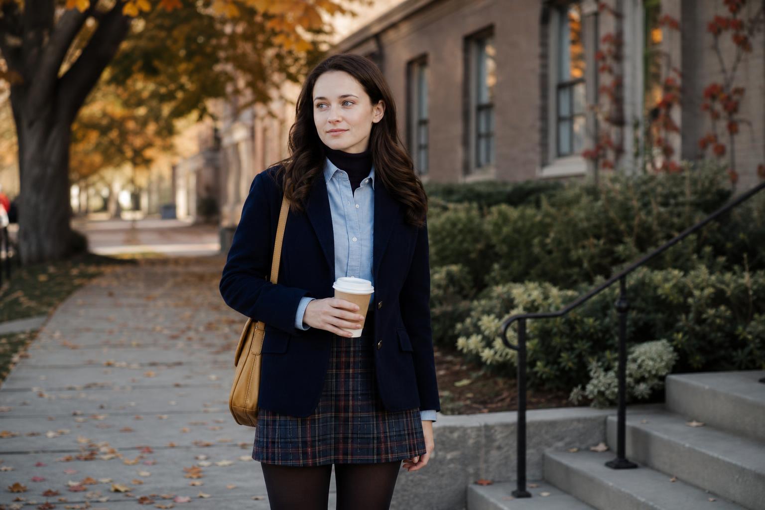 Rory Gilmore style fall outfit with navy cardigan, white button-down, straight jeans, loafers, and a bookish tote