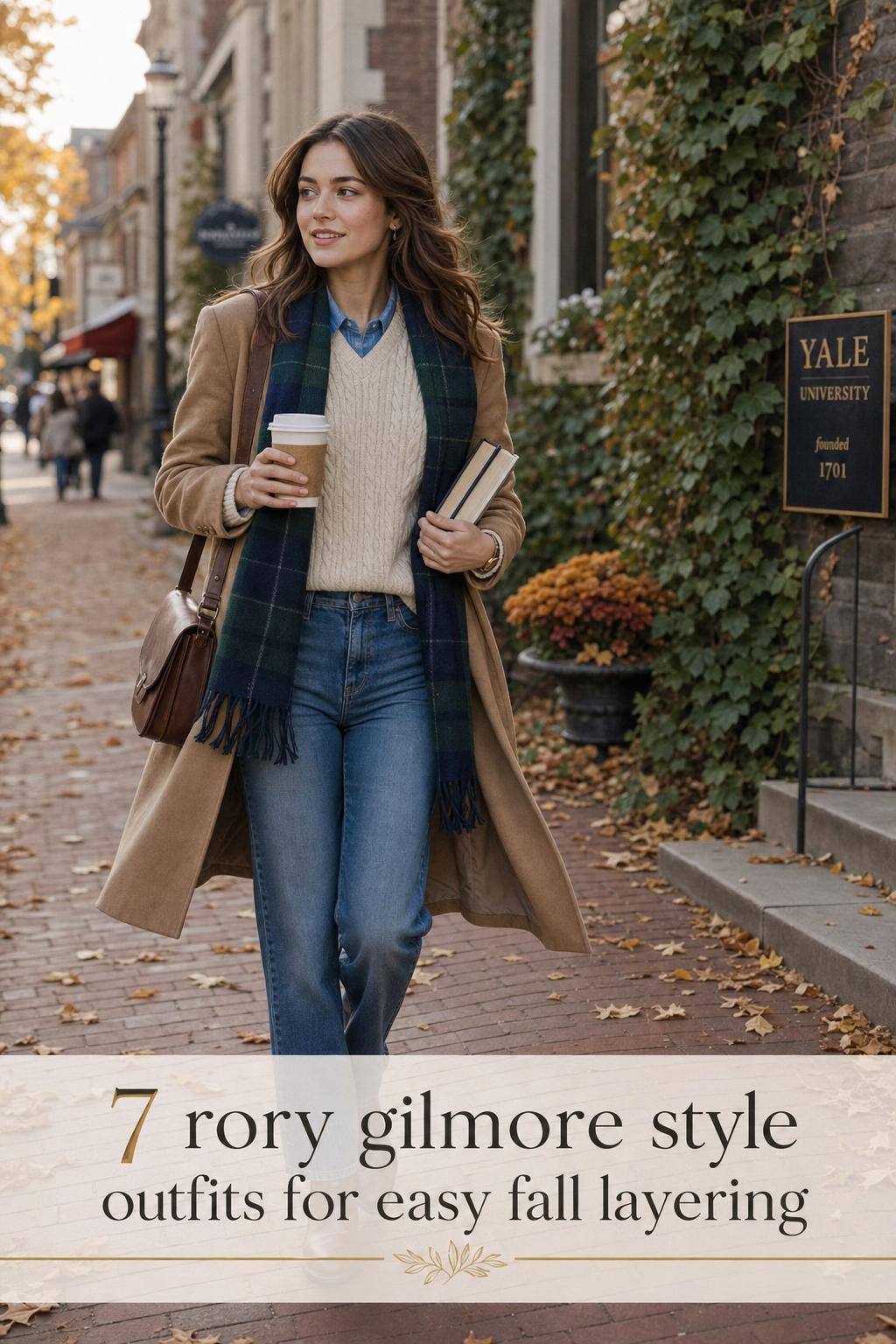 Rory Gilmore style fall outfit on a young woman walking with coffee and books in a New England town near an ivy campus.