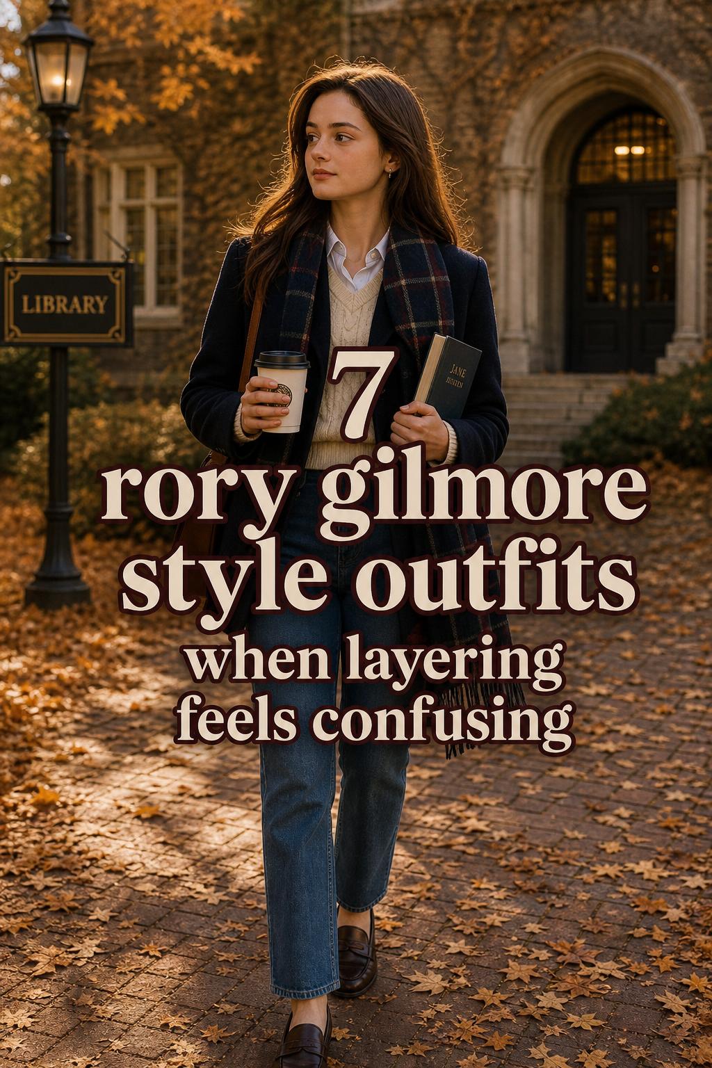 Rory gilmore style outfit layering ideas: woman in cardigan and scarf walking by ivy library with coffee and book at golden hour
