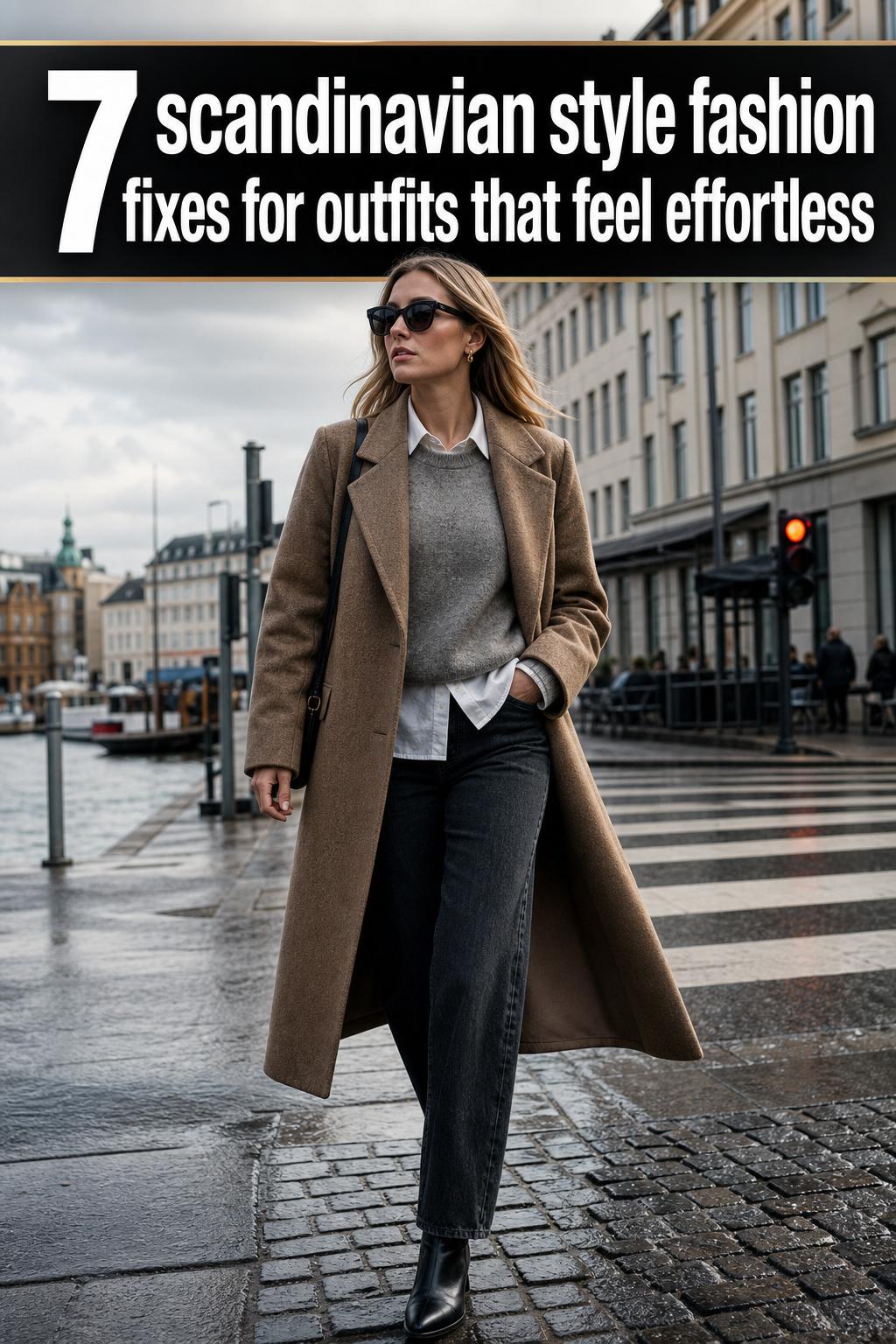Scandinavian style fashion portrait with minimalist outfit, neutral tones, and clean lines in natural light