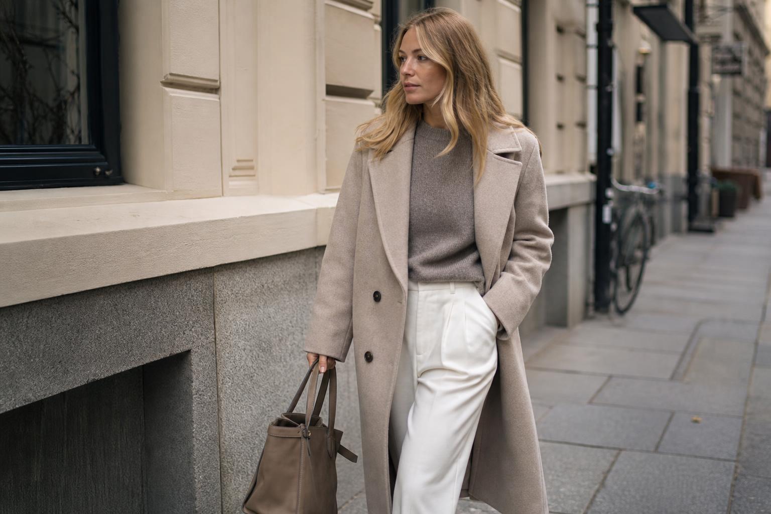 Scandinavian style fashion outfit with neutral coat, knit sweater, tailored trousers, and clean leather sneakers on a city street