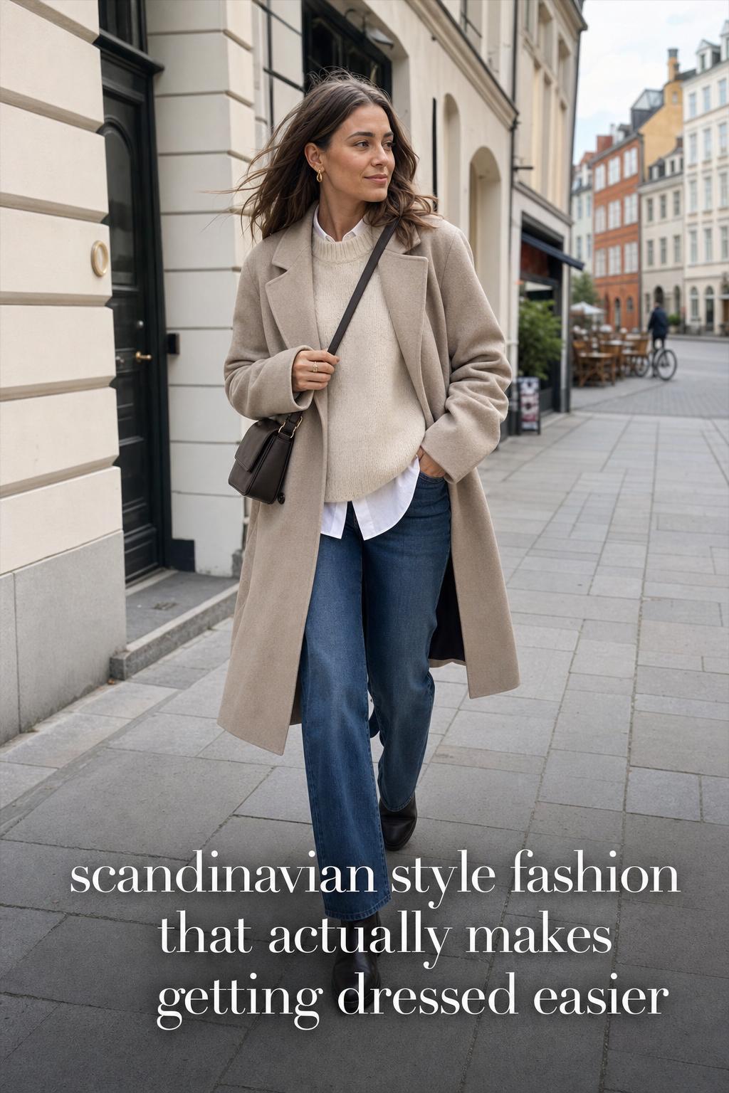 Scandinavian style fashion outfit on a woman walking through a clean Nordic city street in soft morning light