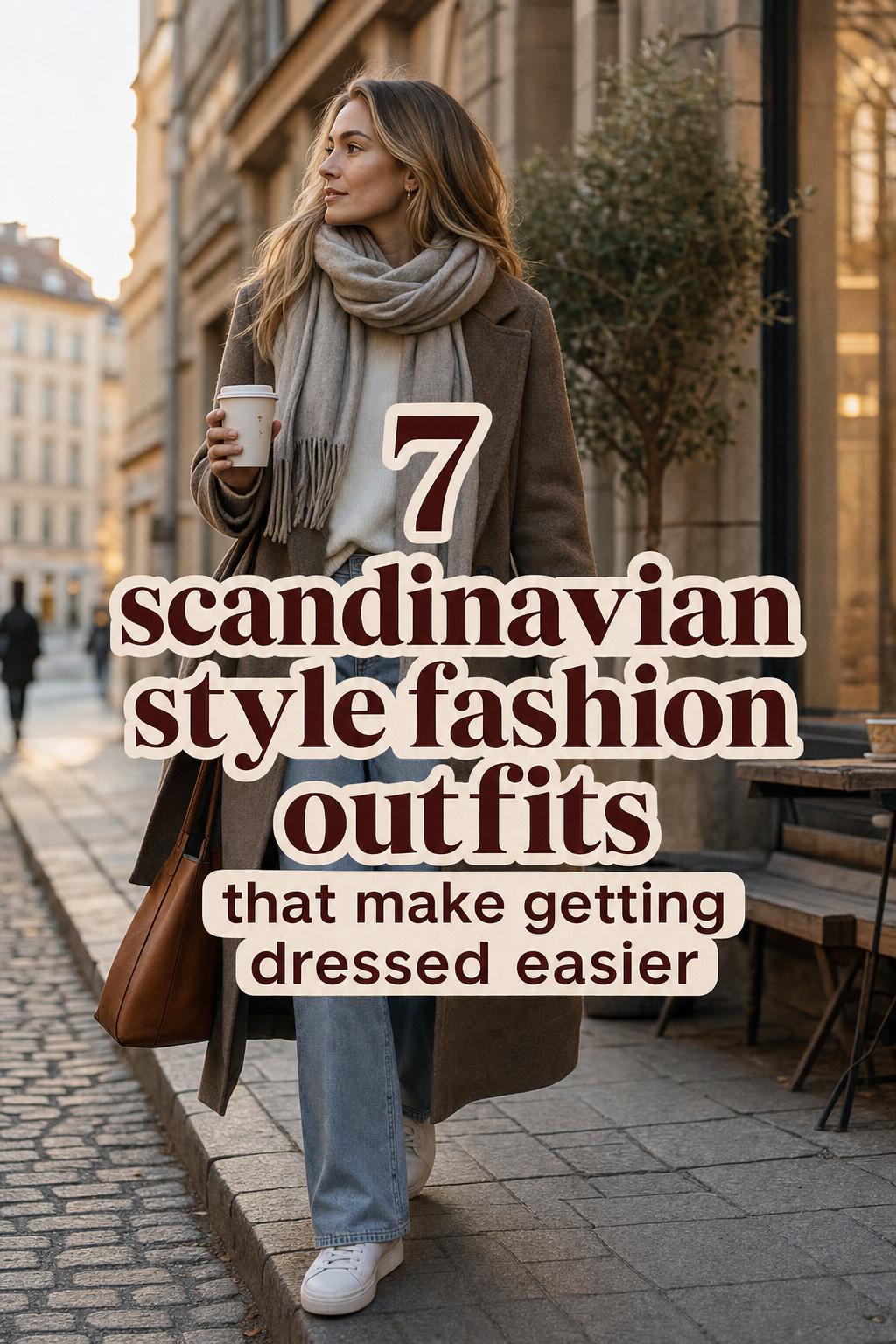 Woman walking in Nordic city street at golden hour wearing scandinavian style fashion layers with coat, scarf and tote