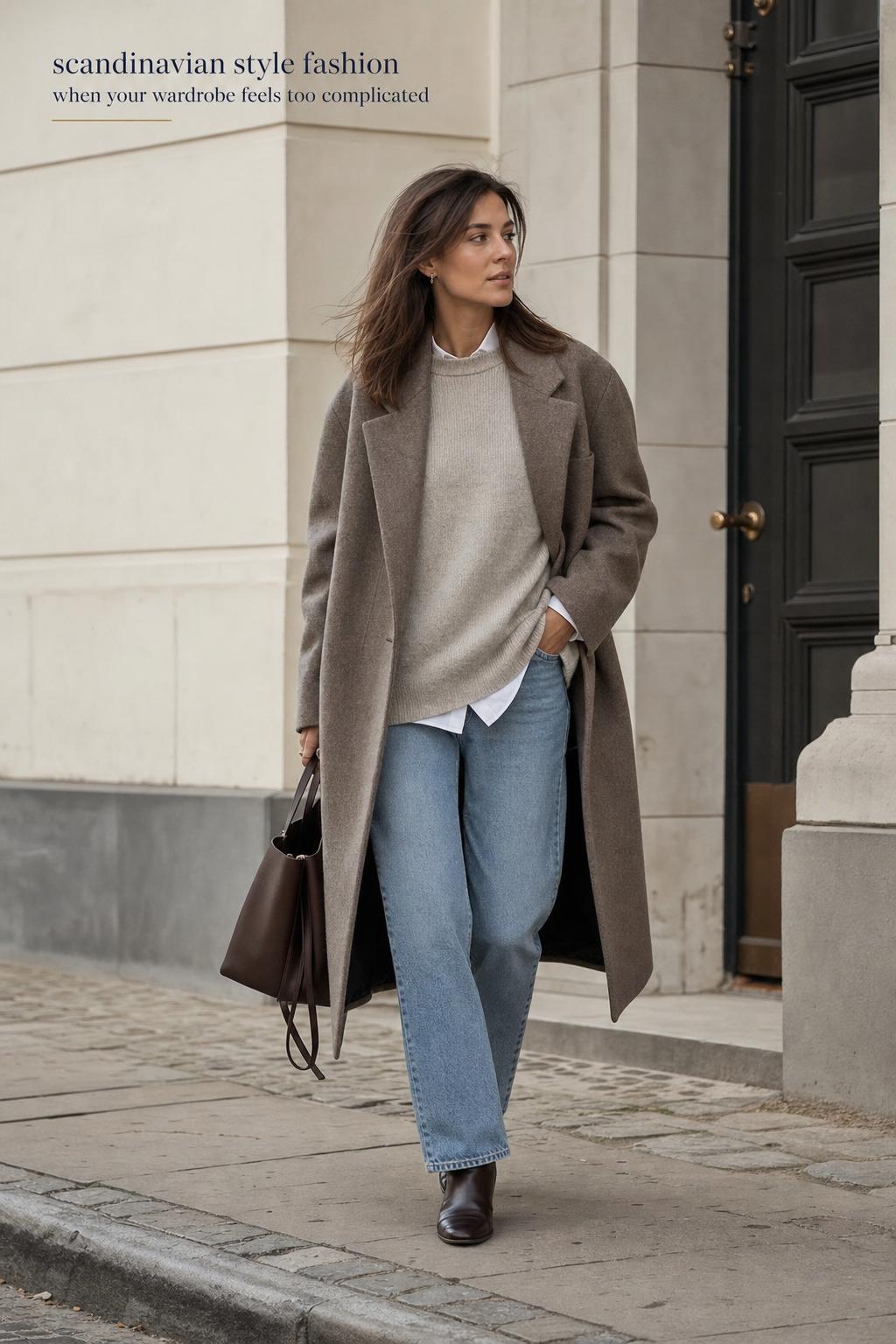 Scandinavian style fashion street look with wool coat and neutral layers in a calm Nordic city setting