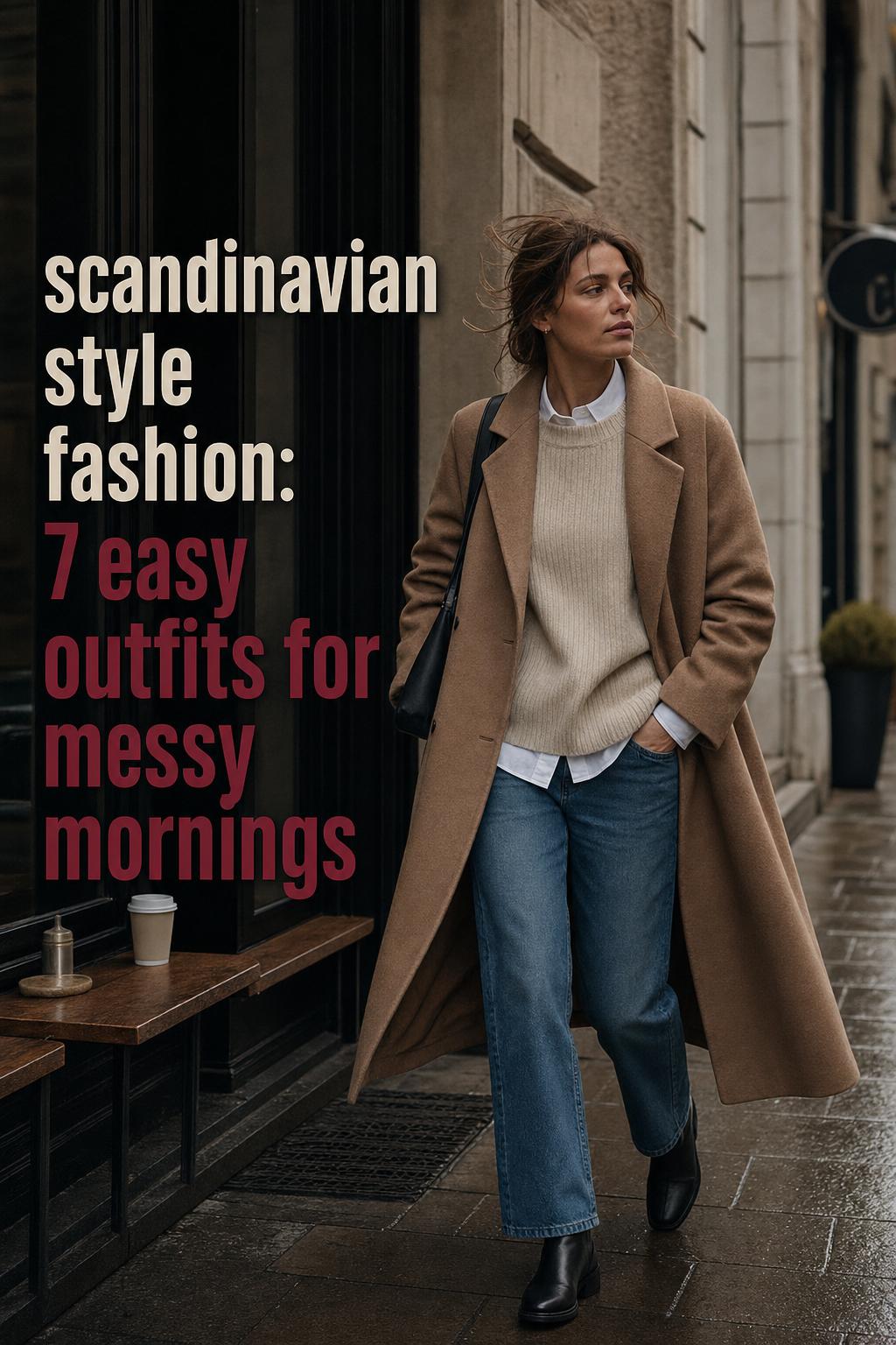 Scandinavian style fashion street photo of a woman in a wool coat walking past a Nordic cafe on a cool morning