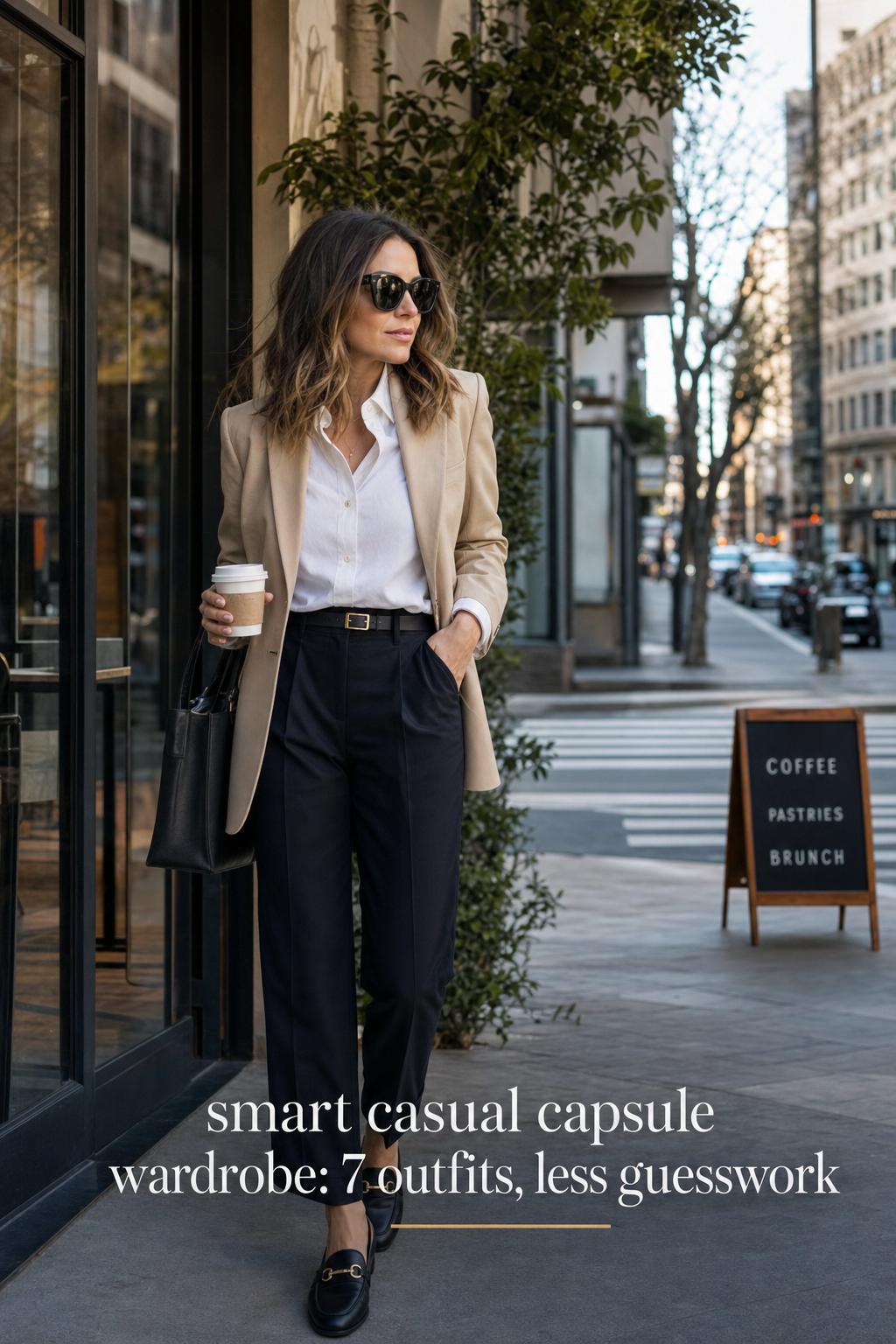 Stylish woman in blazer and trousers stepping onto a city street, smart casual capsule wardrobe for work-to-life ease