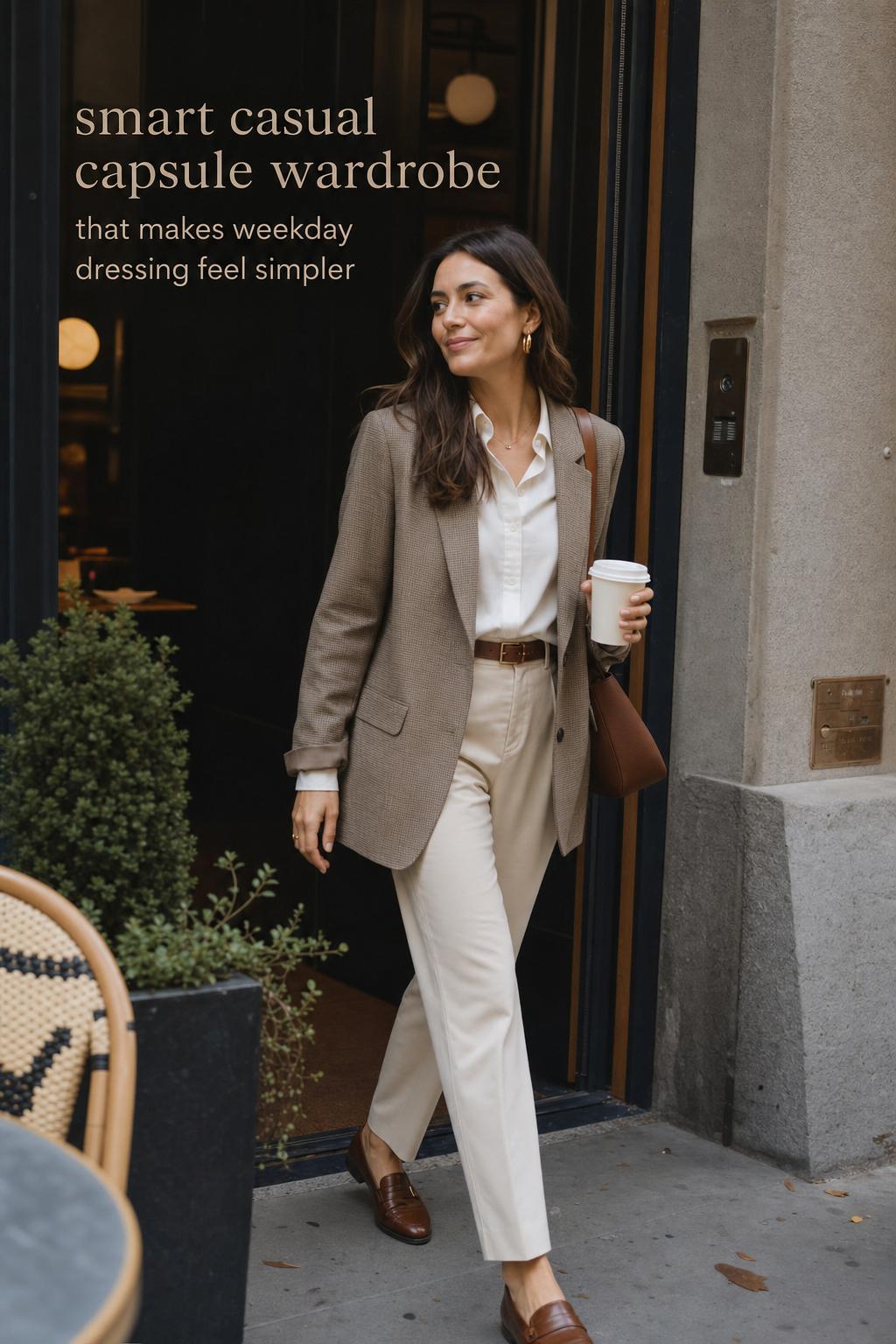 Smart casual capsule wardrobe look in a modern city setting with blazer, white shirt, tailored trousers, and loafers.