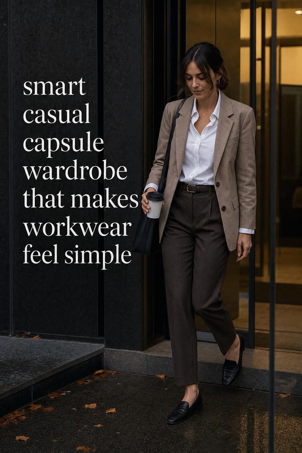Smart casual capsule wardrobe look: woman in neutral blazer and trousers walking at dusk in a city lobby by windows