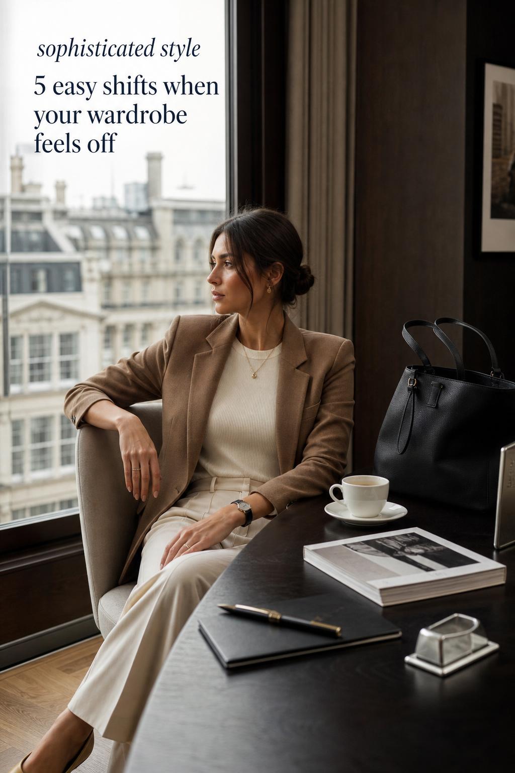 Sophisticated style editorial photo of a woman in a camel blazer at a dark wood desk in a moody luxury interior.