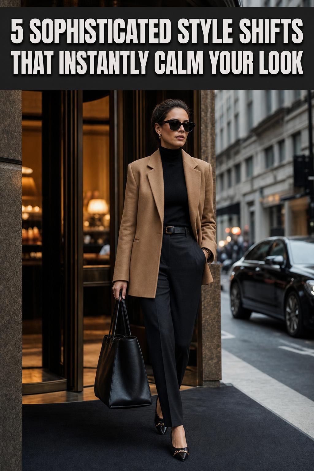 Woman in sophisticated style outfit posing in a modern minimalist interior, natural light, fashion portrait