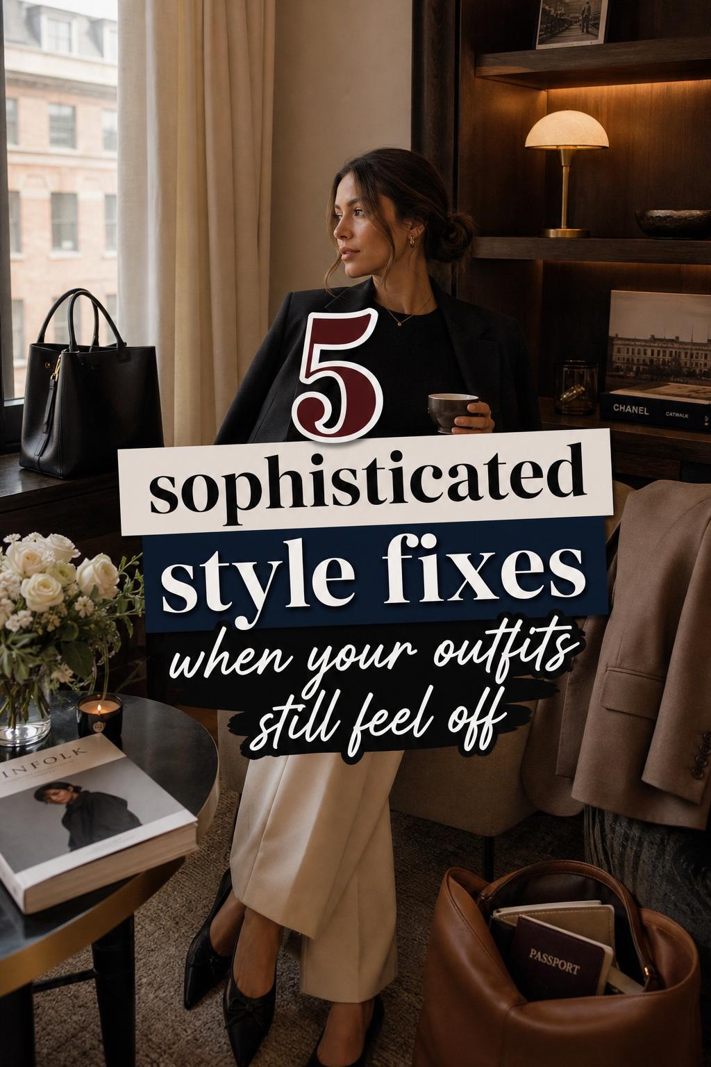 Sophisticated style fixes text overlay on warm editorial photo of stylish woman in luxe apartment corner with blazer and tote