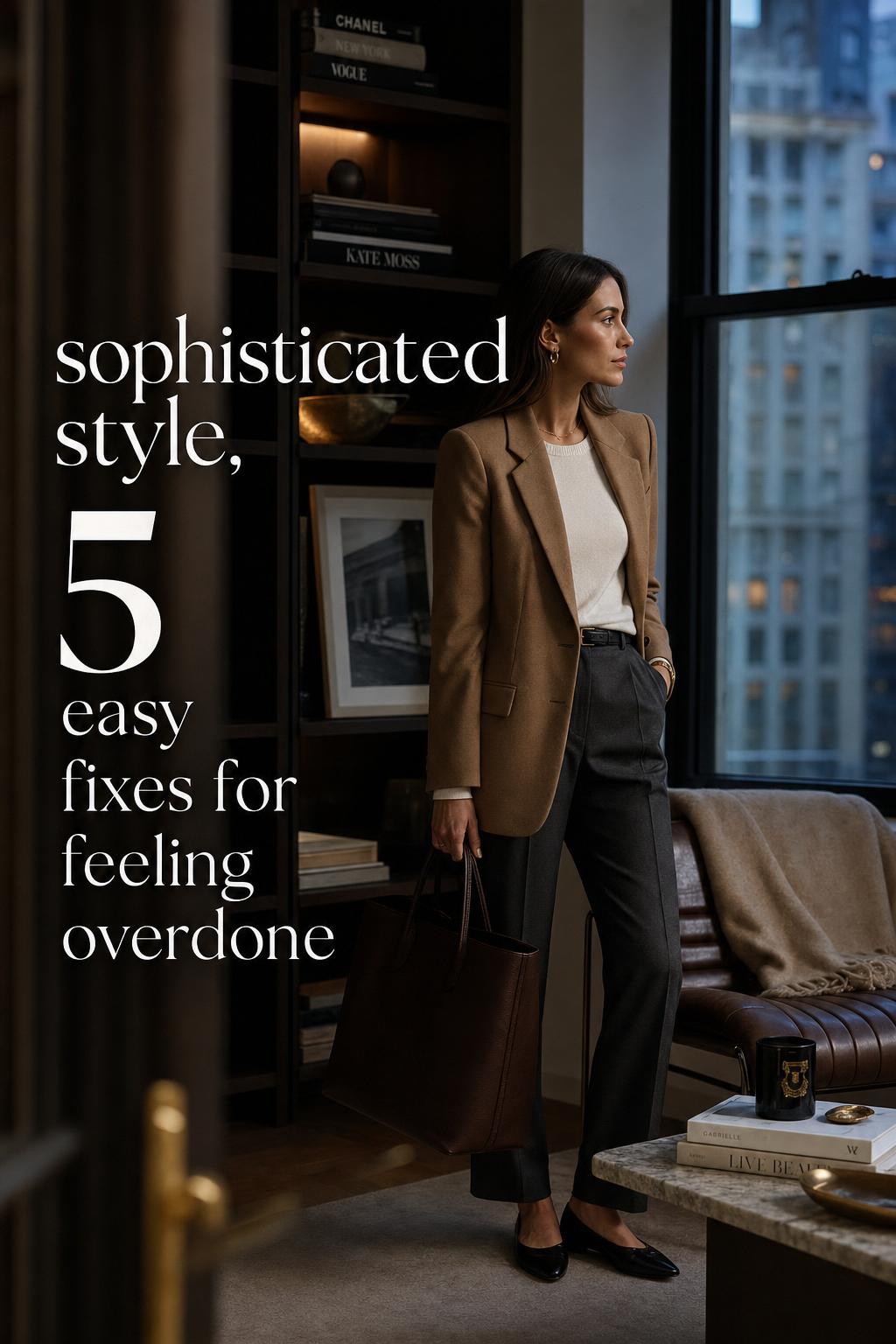 Sophisticated style woman in camel blazer by window in refined urban apartment-office at blue hour, quiet luxury editorial photo