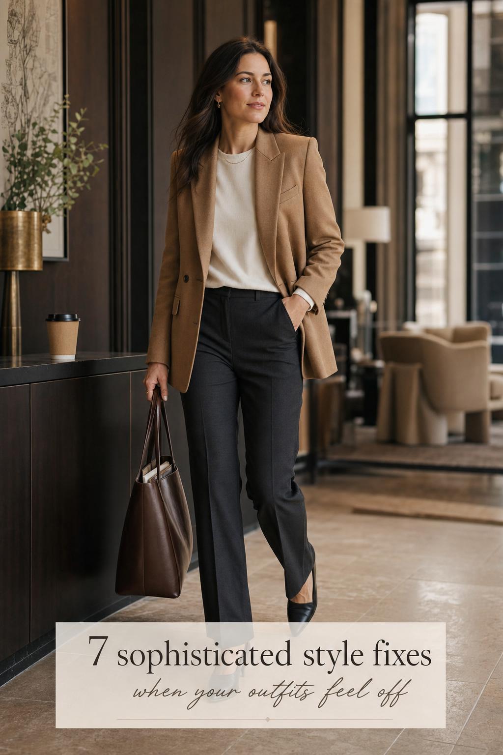 Sophisticated style: woman in camel blazer and charcoal trousers walking through a luxury urban interior lobby