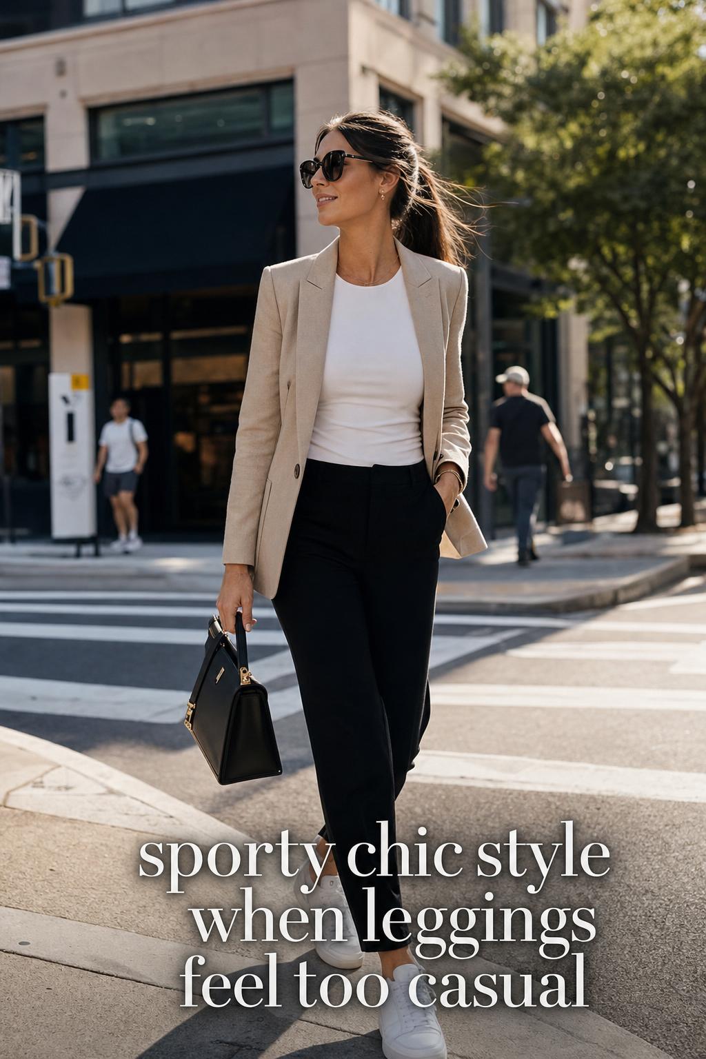 Sporty chic style street outfit with blazer, leggings, and white sneakers on a summer city sidewalk in golden-hour light.