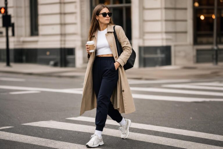Sporty chic style outfit with blazer, tailored trousers and sleek sneakers for polished city street wear