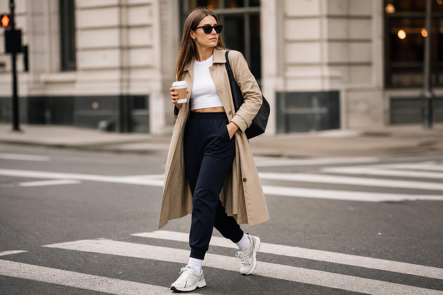 Sporty chic style outfit with blazer, tailored trousers and sleek sneakers for polished city street wear