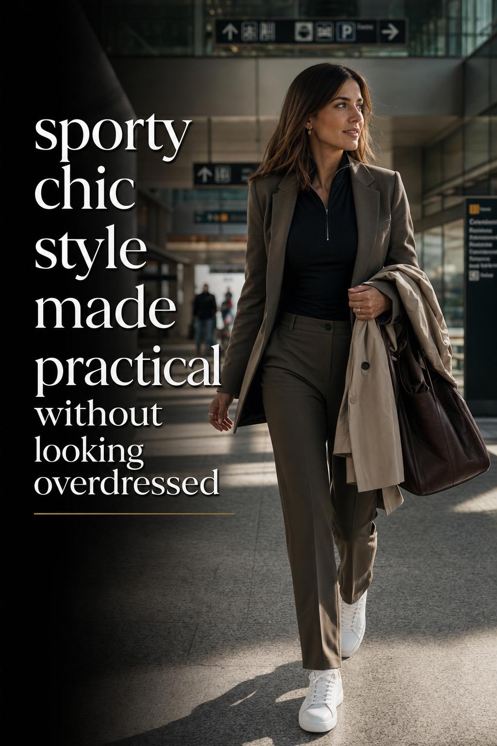 Sporty chic style look with blazer, tailored trousers and white sneakers in a sleek urban transit concourse