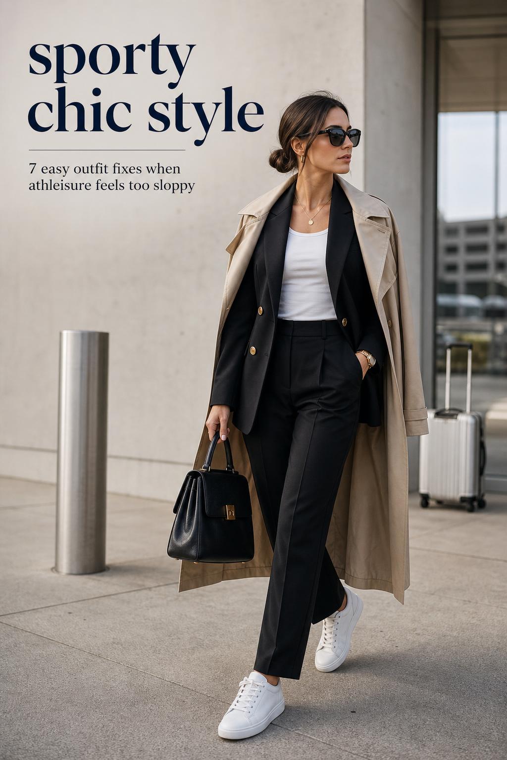 Sporty chic style outfit with blazer, tailored trousers, white sneakers and structured handbag on a modern city sidewalk