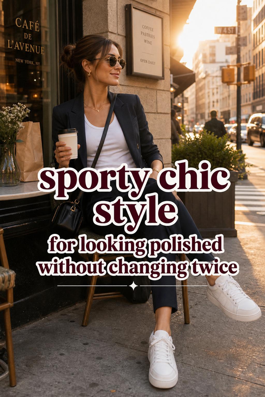 Sporty chic style at a sunny urban sidewalk cafe with a woman in blazer, ankle trousers and white sneakers at sunset