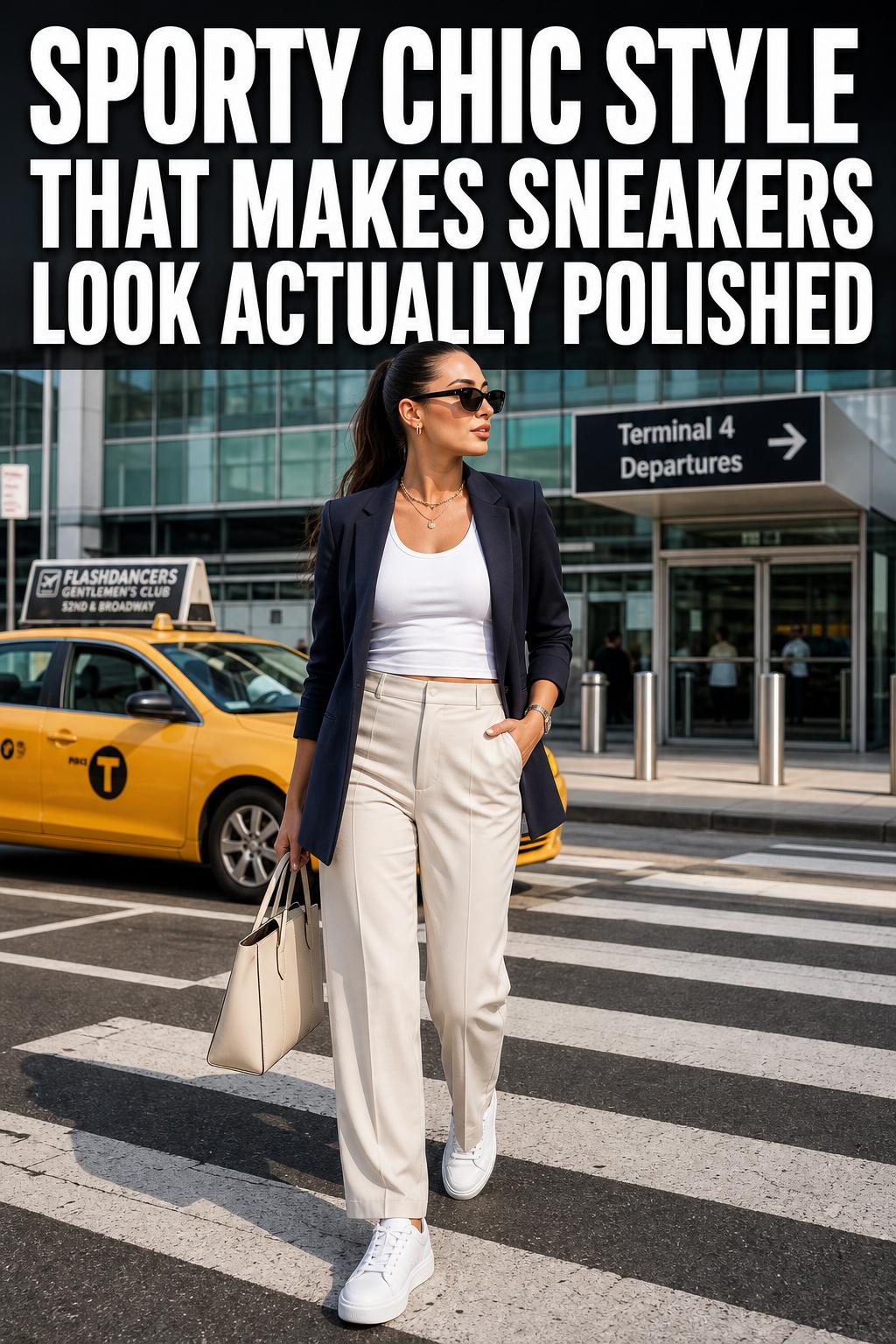 Sporty chic style outfit with sleek blazer, sneakers, and minimalist accessories in an urban street setting