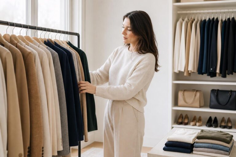 Capsule wardrobe color palette flat lay with ivory, camel, navy, sage and powder blue spring essentials arranged neatly