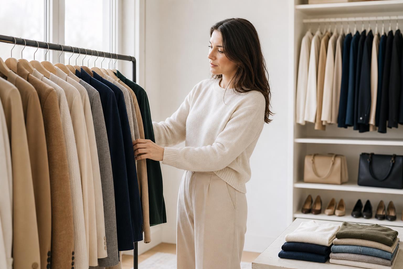 Capsule wardrobe color palette flat lay with ivory, camel, navy, sage and powder blue spring essentials arranged neatly