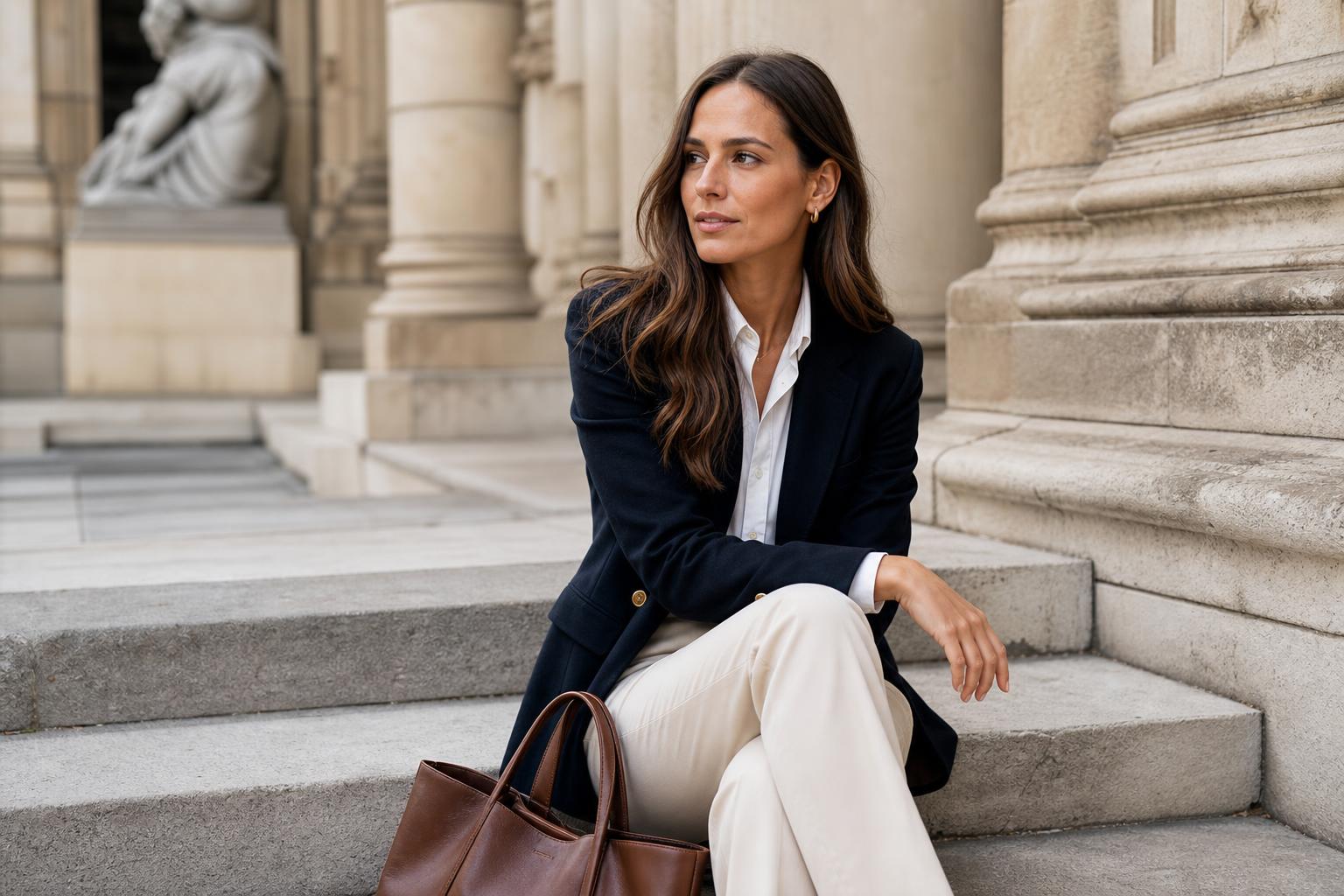 Casual old money outfits with navy blazer, cream cashmere sweater, tailored chinos and loafers in soft spring light