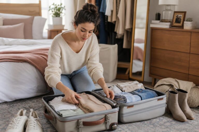 College clothes packing list essentials neatly arranged for spring dorm move-in with versatile layers, shoes, and basics