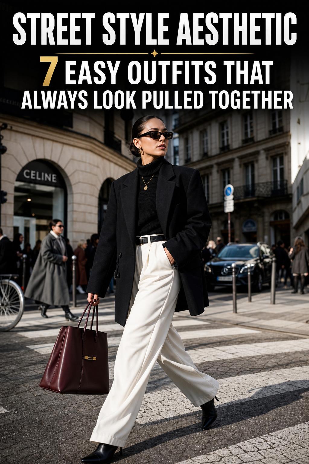 Street style aesthetic photo of a fashionably dressed person walking in a city street with natural light