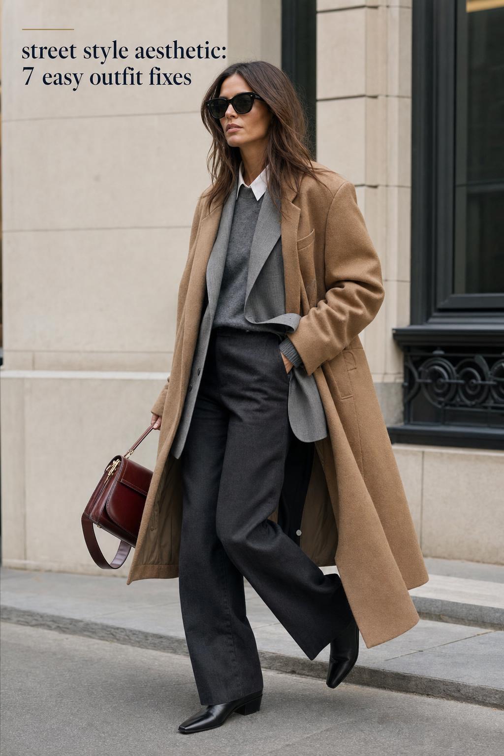 street style aesthetic fashion week look with camel coat, tailored trousers, statement bag on a minimalist city sidewalk
