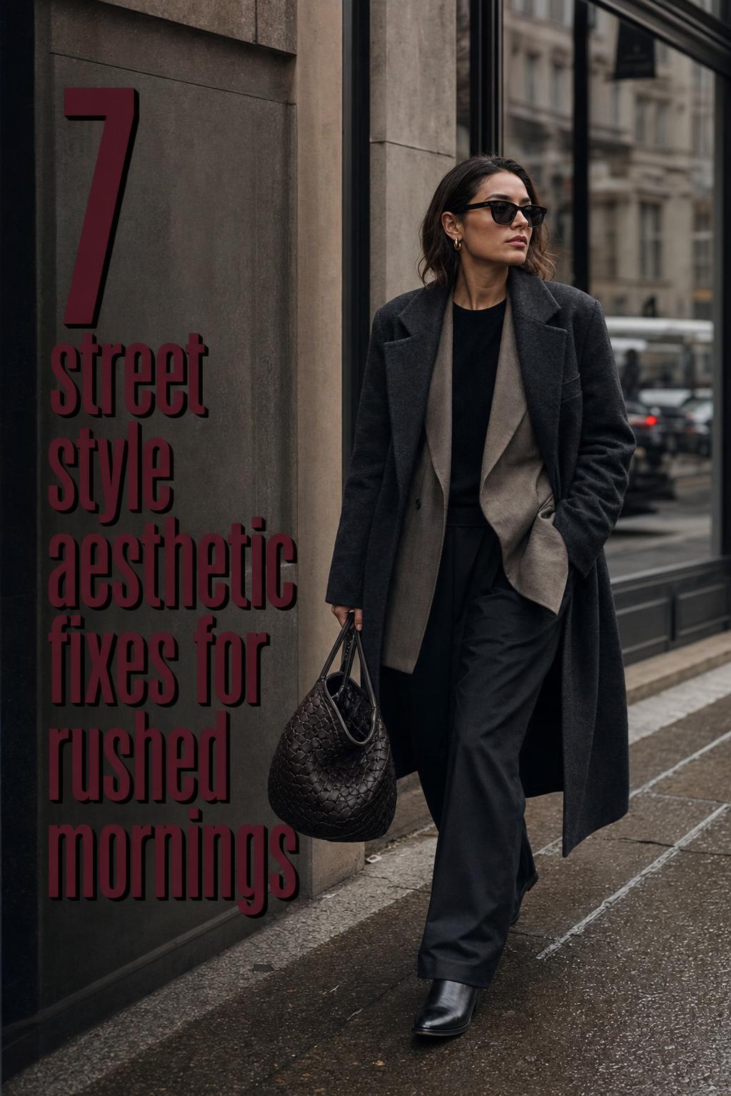 Street style aesthetic fashion-week look: woman mid-stride in charcoal coat and wide-leg trousers on a wet Paris sidewalk