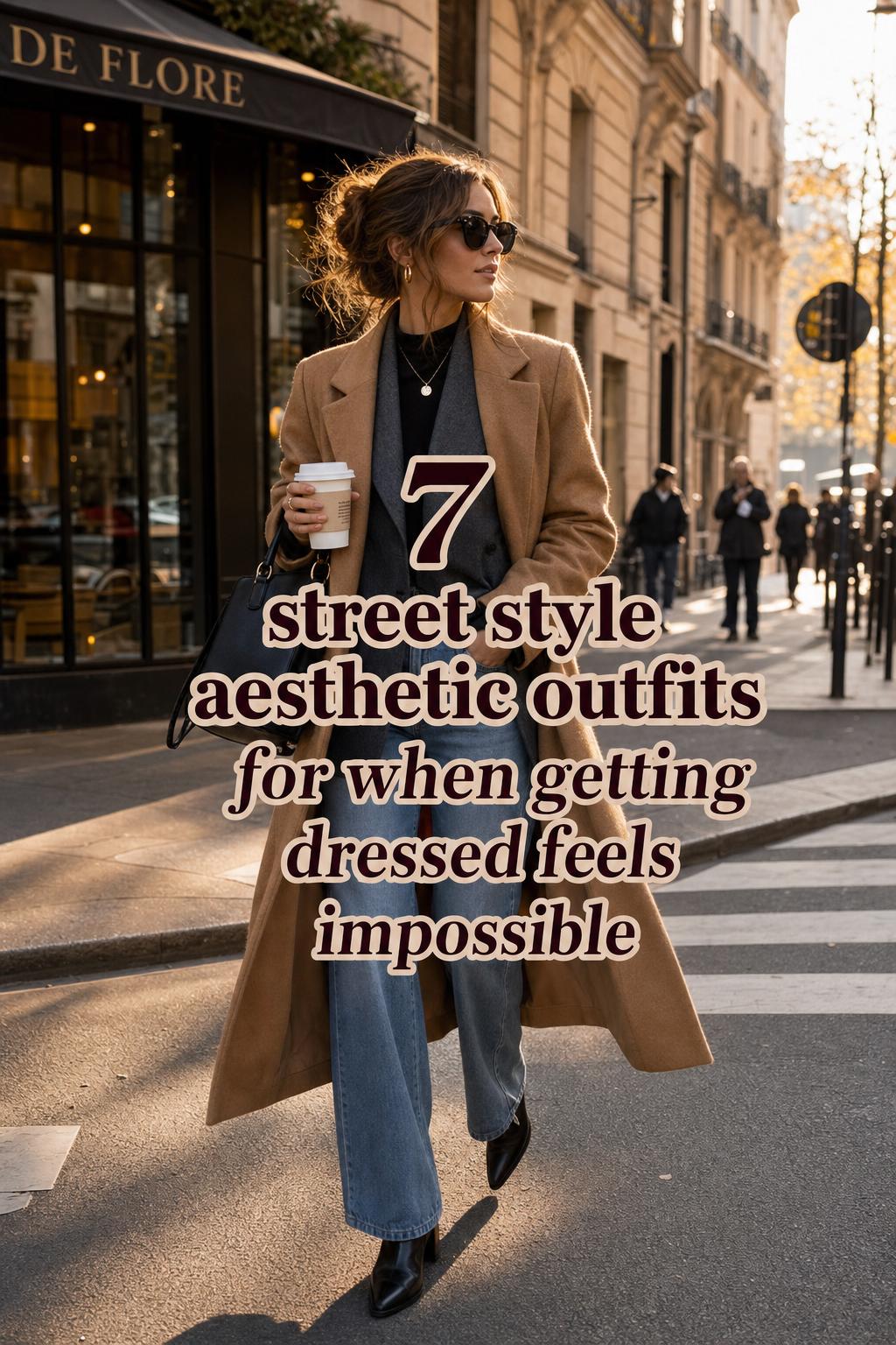 Street style aesthetic outfit on a golden-hour city sidewalk, woman in camel coat with blazer, coffee cup and handbag
