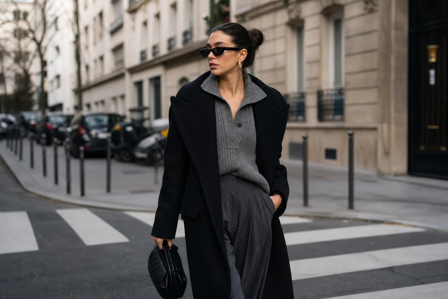 Street style aesthetic with oversized blazer, straight-leg denim, ankle boots, and structured bag on a modern city street