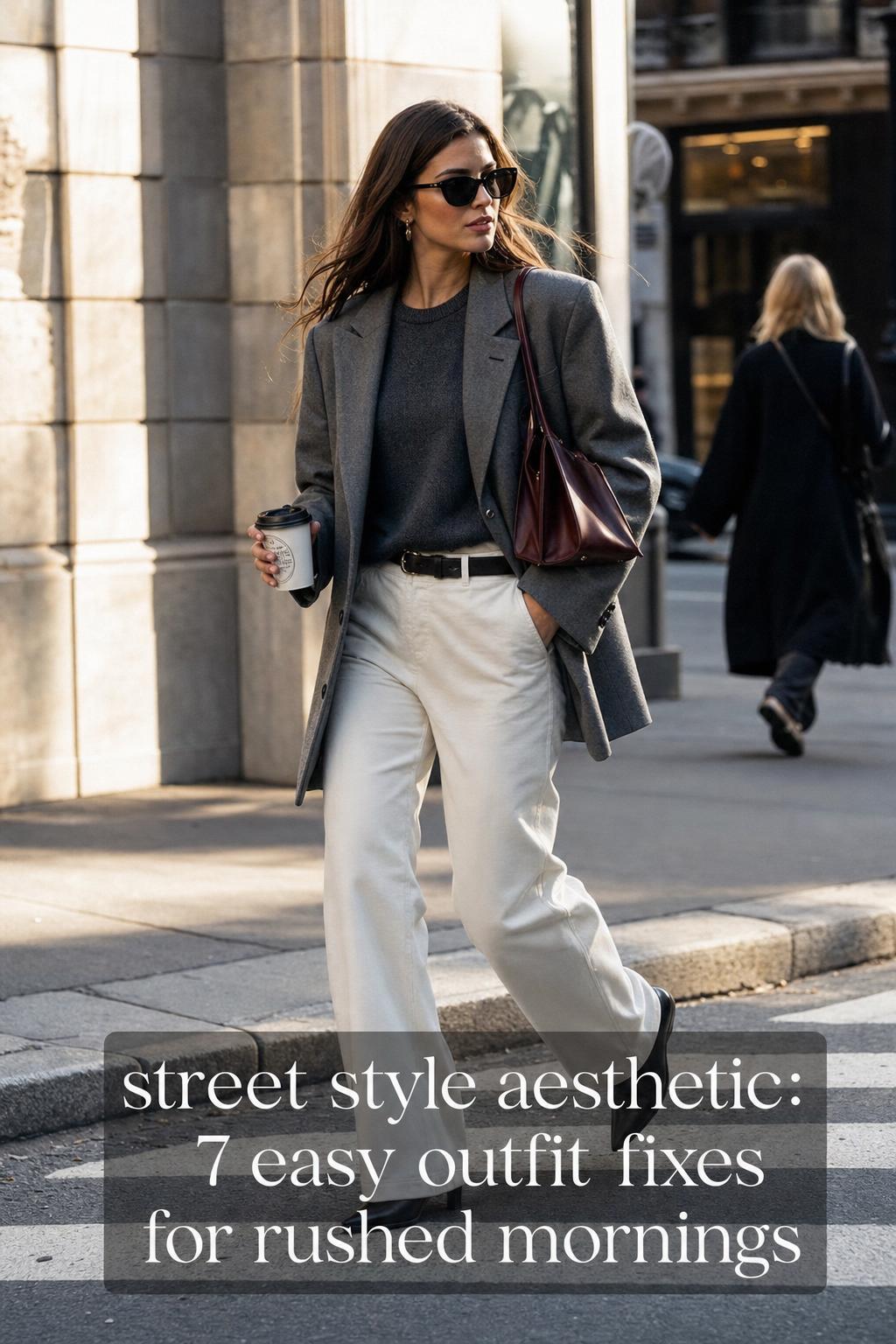 Street style aesthetic woman walking in a fashion capital at golden hour, oversized blazer and trousers with statement bag