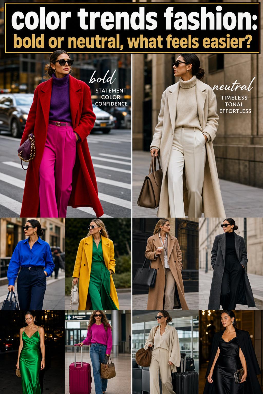 Street style outfit showcasing color trends fashion with bold seasonal hues and modern layering