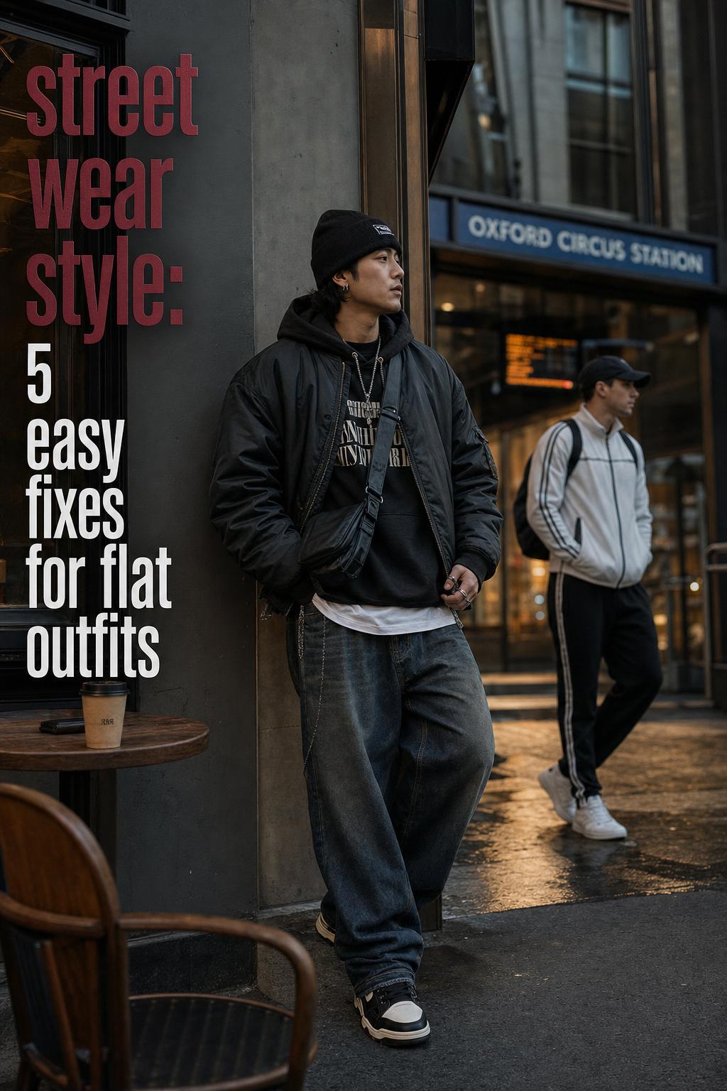 Street wear style at blue hour: young adult in oversized hoodie and bomber on wet city street near transit entrance