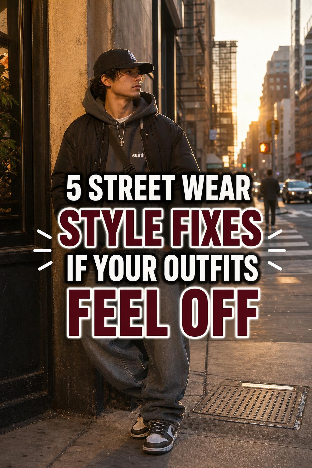 Street wear style outfit at golden hour on a city sidewalk with bold Pinterest text overlay