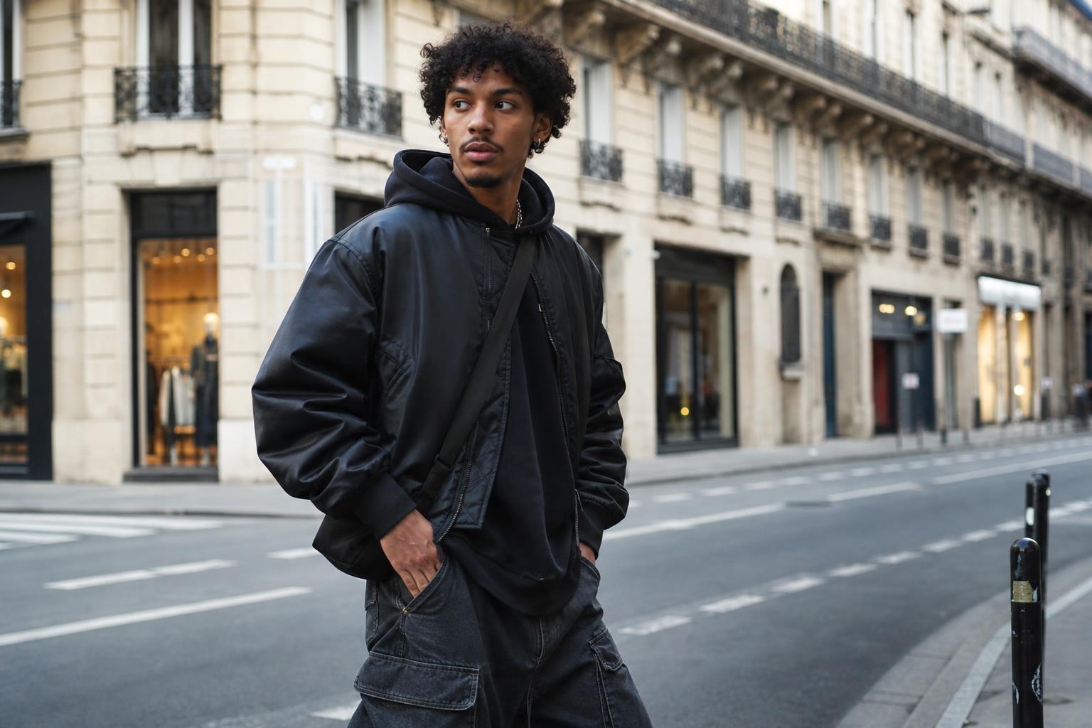 Street wear style outfit in a modern city street with layered hoodie, cargo pants, and statement sneakers