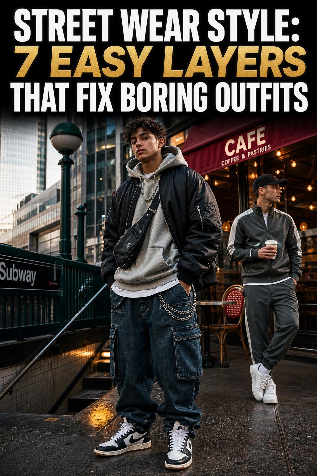 Street wear style outfit in an urban setting with modern layered clothing and sneakers