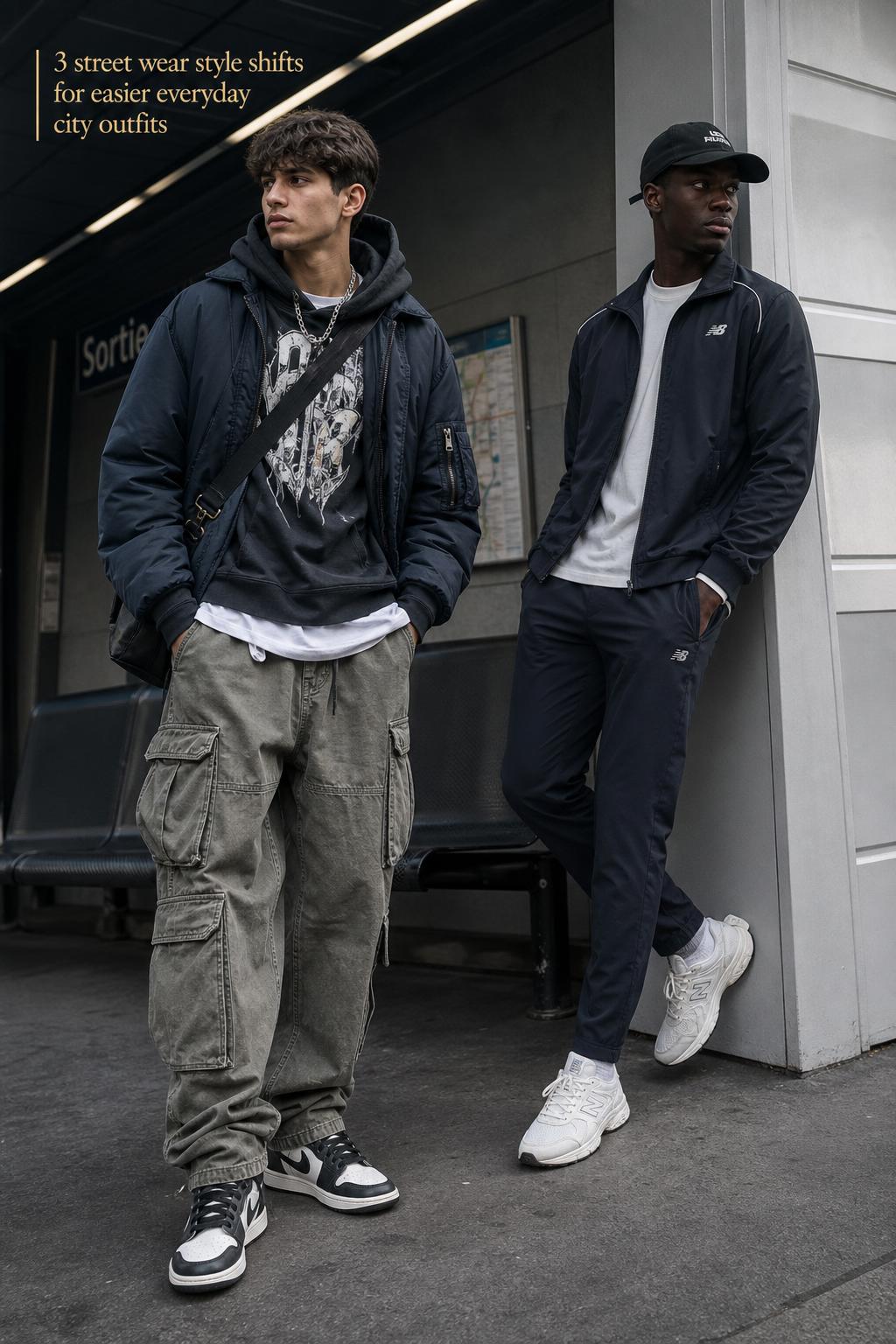 Street wear style comparison on a minimalist city platform featuring streetwear layering and sleek sportswear-casual looks