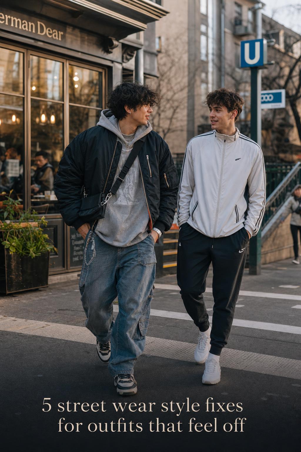 Street wear style contrast with two fashionable young adults walking by a café and transit entrance at golden hour