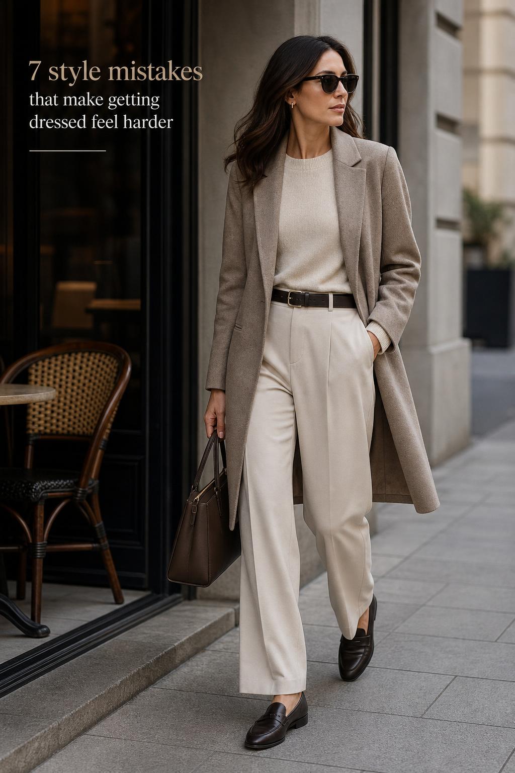 Refined woman in neutral monochrome outfit walking past an urban café, highlighting style mistakes to avoid