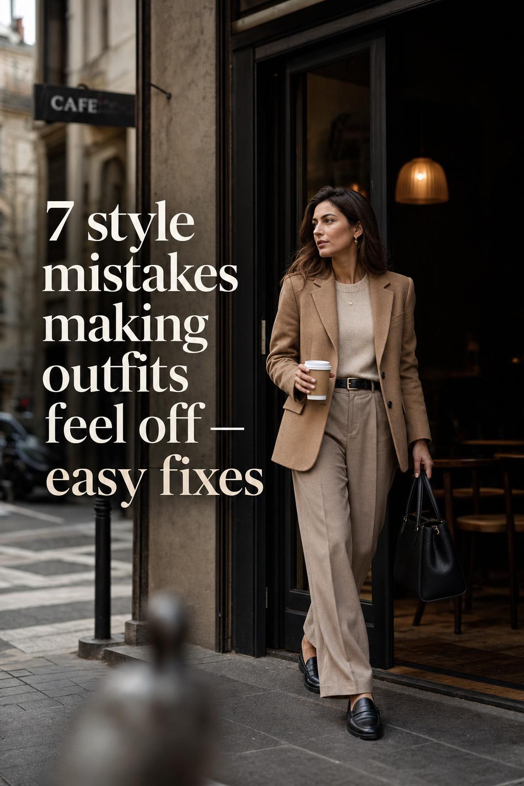 Style mistakes concept: woman in neutral blazer and trousers leaving a city café with clean, tonal layering and calm confidence