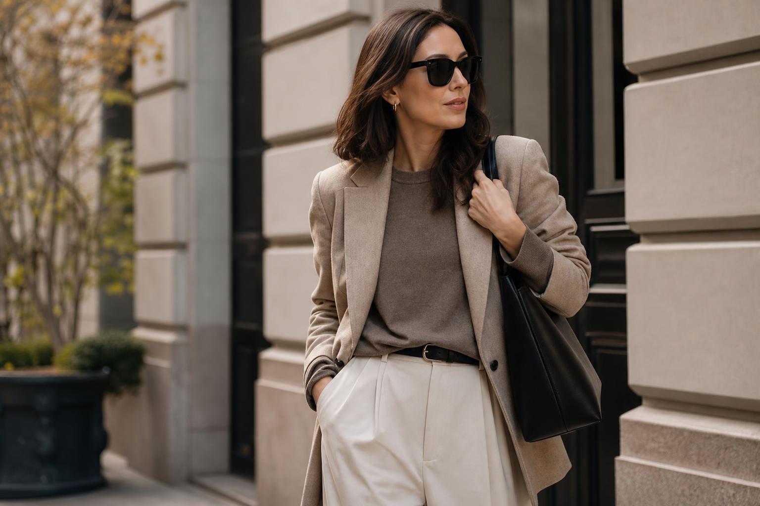 Style mistakes to avoid: neutral layered outfit with tailored coat, knit top, straight-leg trousers, and loafers in city light
