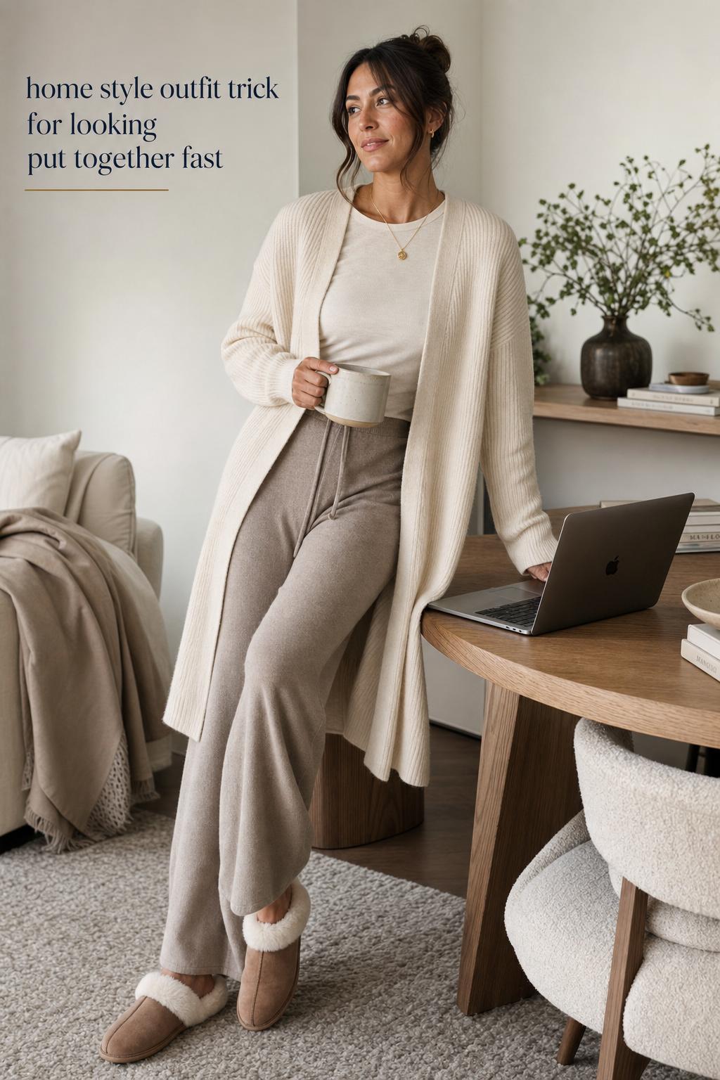 Sunlit minimalist living room with woman in a home style outfit, cream knit cardigan, taupe lounge pants, and slippers