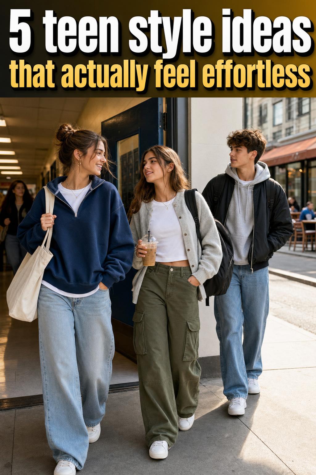 Teen style outfit in a casual street fashion photo with trendy layers and sneakers