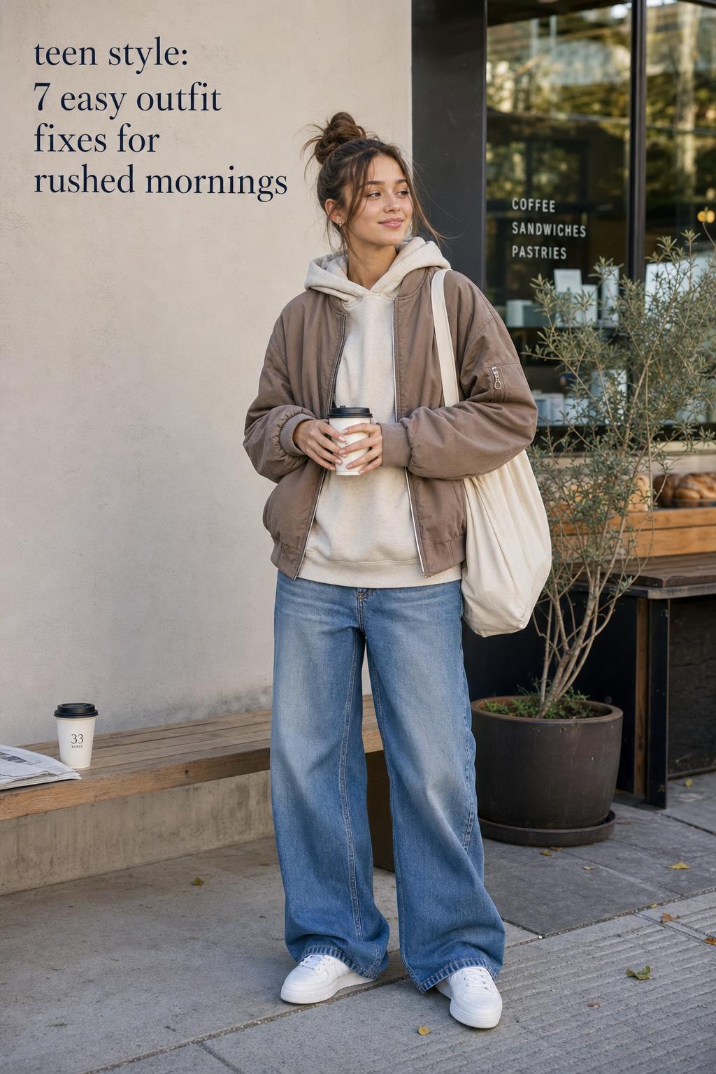 Teen style editorial photo of a confident teen girl in hoodie, bomber jacket, wide-leg jeans and sneakers on a city sidewalk